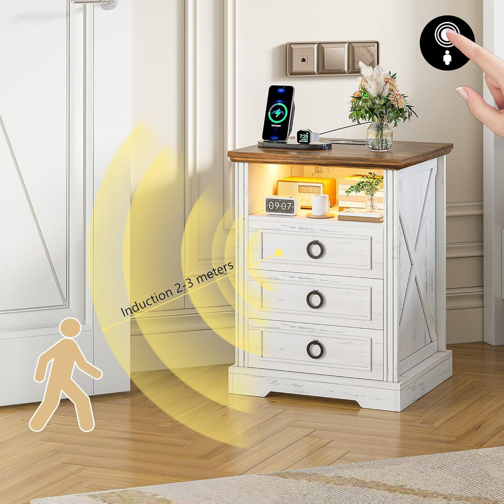 Nightstand Set 2 with Charging Station, Farmhouse End Side Table with 3 Drawers and Open Storage, Smart Bedside Table with LED Light & Human Sensor for Bedroom, Living Room,White,Chest