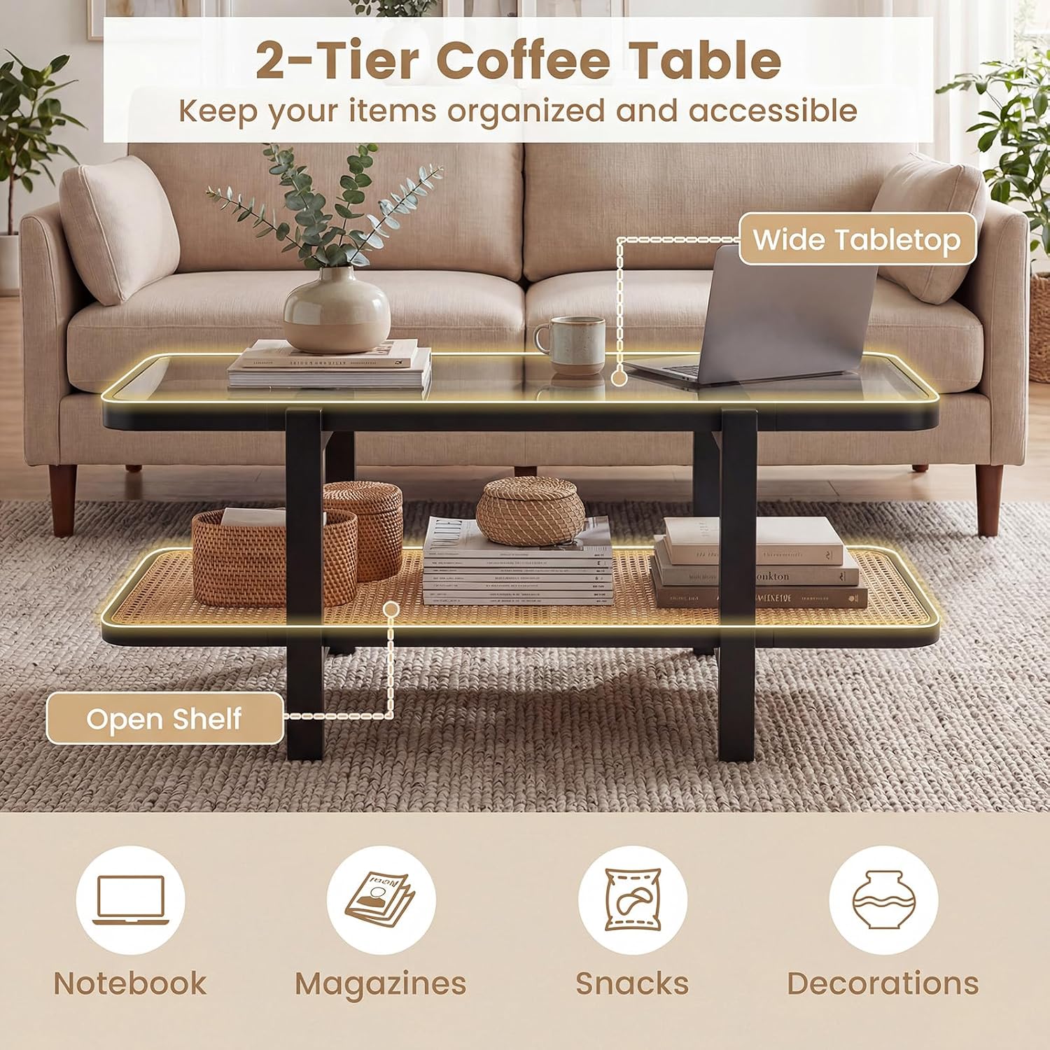 GOFLAME Rattan Coffee Table, 47.5' Solid Wood Center Table with Tempered Glass Top & Rattan Storage Shelf, Rectangular, Farmhouse, Boho, 2-Tier Mid Century Modern Tea Table for Living Room (Black)