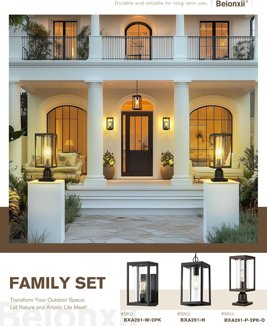 Beionxii Outdoor Post Lights, 20in Post Lantern with Pier Mount Base, Aluminum Street Lights with Glass, Fence Post Deck Lighting for Garden, Patio, Pathway, BXA291-P-2PK-O (NOT Solar, 110-120V AC)