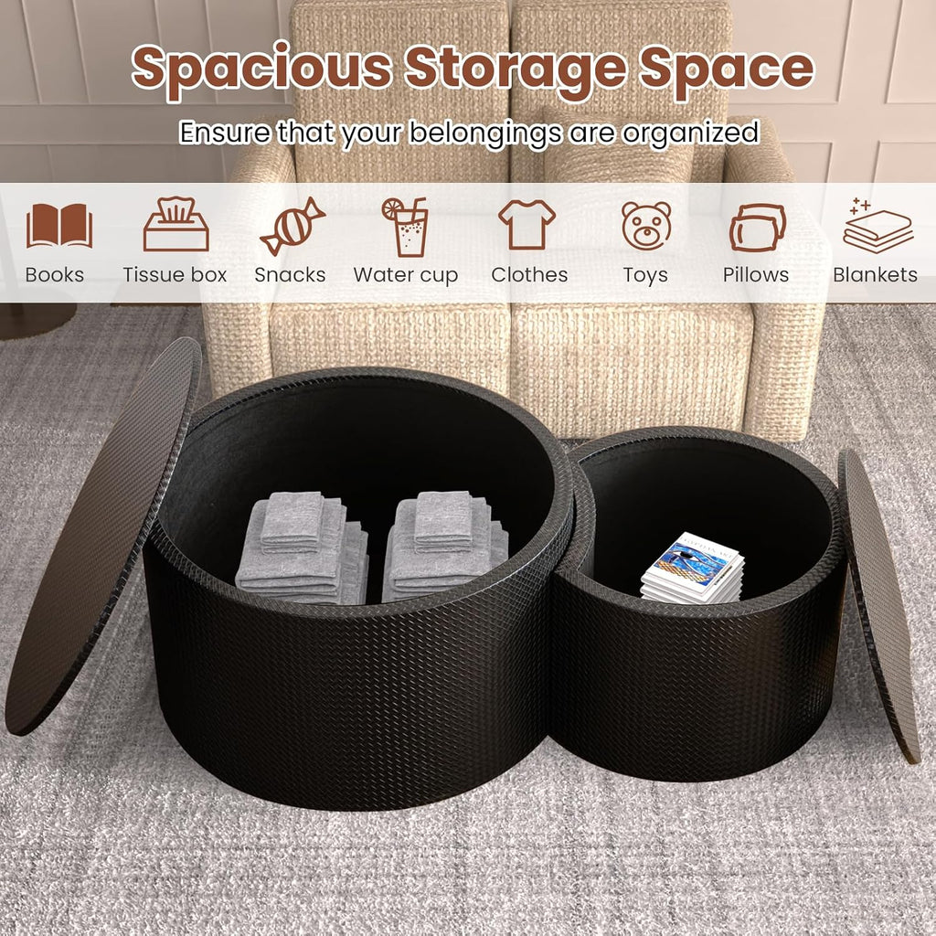 Round Nesting Coffee Table Set of 2 with Storage Modern Wood Coffee Table MDF Frame and Leather Surface Center Table End Side Table for Living Room Bedroom Office, No Assembling (Black)