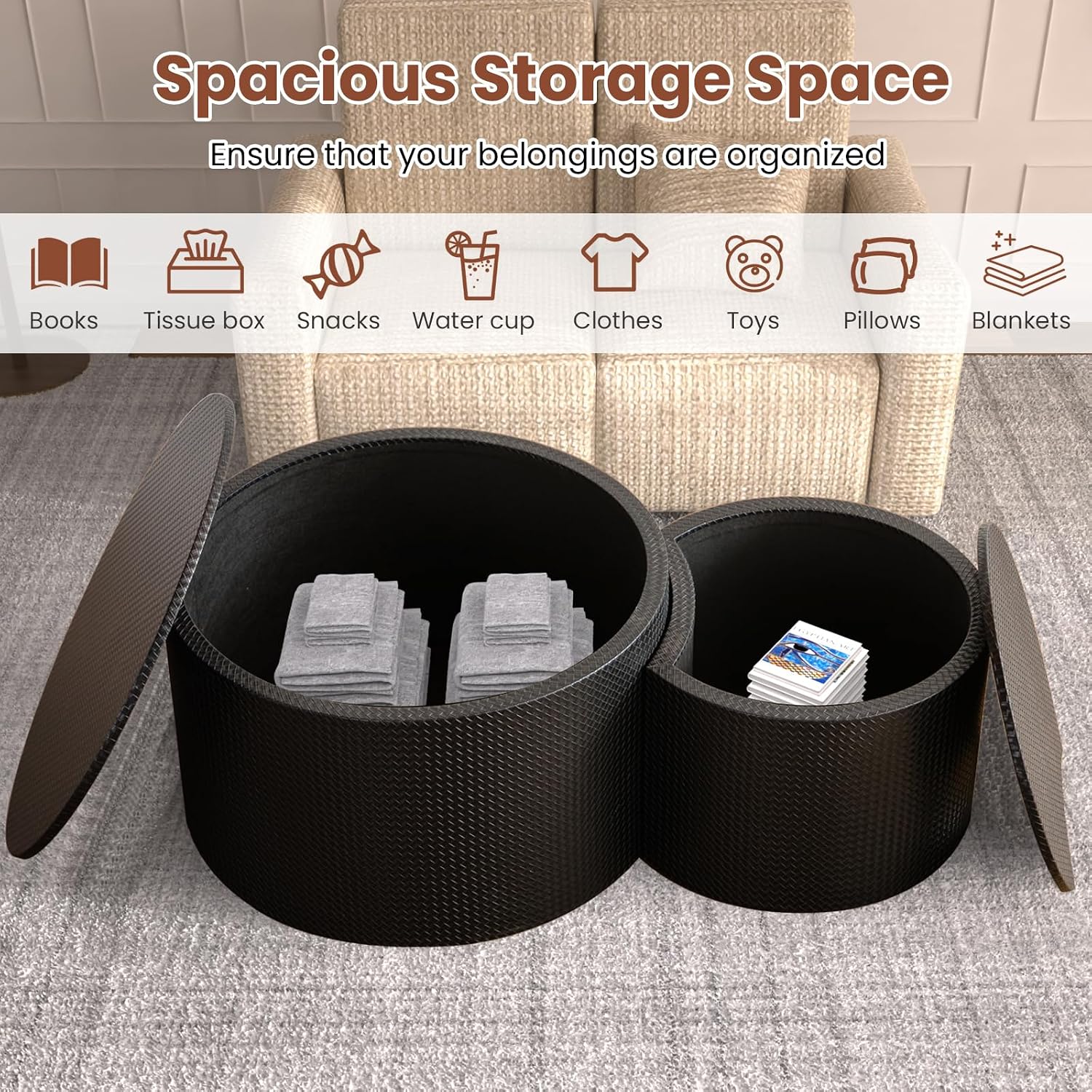 Round Nesting Coffee Table Set of 2 with Storage Modern Wood Coffee Table MDF Frame and Leather Surface Center Table End Side Table for Living Room Bedroom Office, No Assembling (Black)