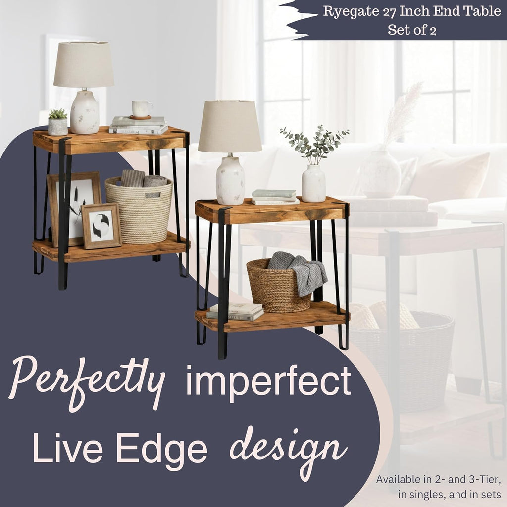 Ryegate Live Edge Modern End Tables Set of 2-2-Tier Acacia Wood Nightstands with Storage Shelf and Metal Legs - 17in Narrow Side Table Set for Living Room or Bedroom by Alaterre Furniture (Natural)