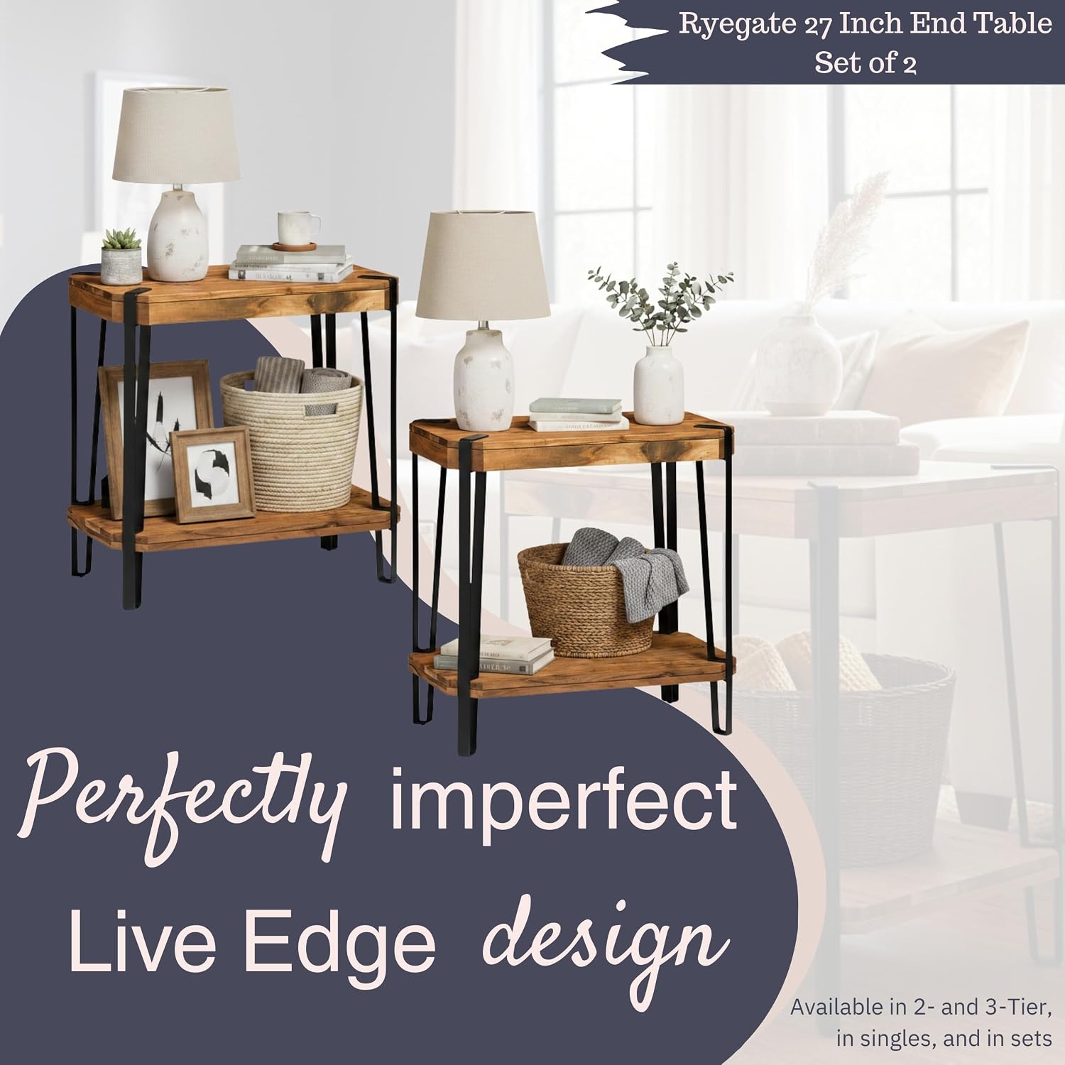 Ryegate Live Edge Modern End Tables Set of 2-2-Tier Acacia Wood Nightstands with Storage Shelf and Metal Legs - 17in Narrow Side Table Set for Living Room or Bedroom by Alaterre Furniture (Natural)