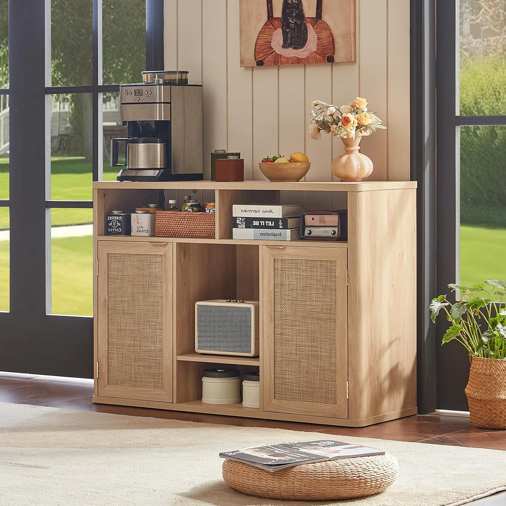 Lerliuo Rattan Wine Cabinet with 2 Doors, Boho Liquor Cabinet with Wine Racks, Farmhouse Coffee Bar Station for Living Room, Dining Room, Kitchen, Natural Wood