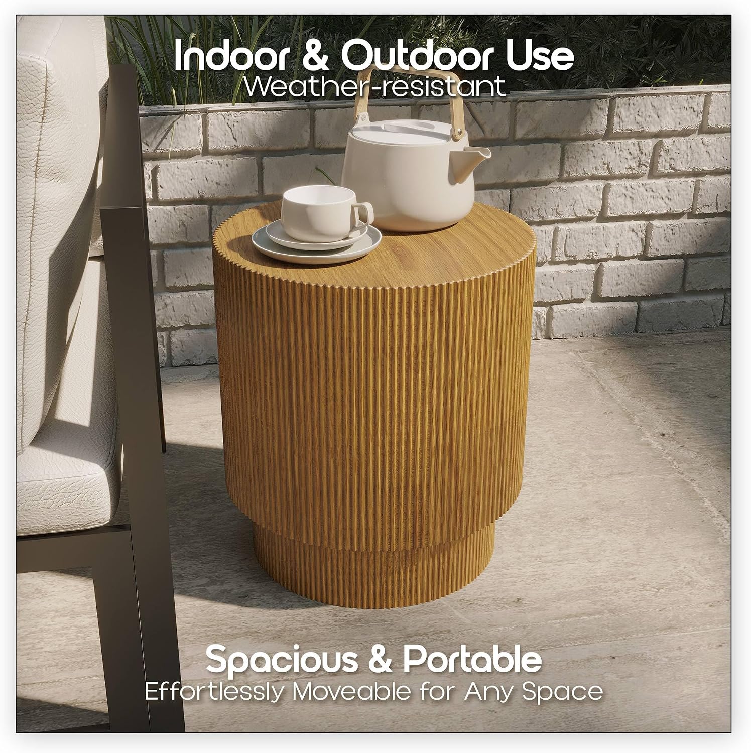 LeisureMod Modern Side Table Round Fiberstone Top Accent End Table for Home, Outdoor Patio, Living Room Sofa, Weather-Resistant, Eden Series in Brown