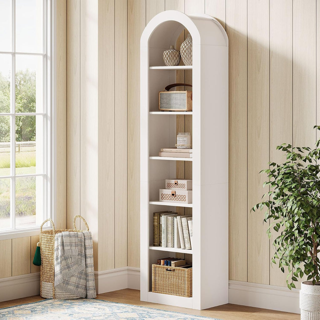 Tribesigns 74.8' Tall Arched Bookshelf, 6-Tier Narrow Open Bookcase, Floor Standing Corner Display Shelves Storage Organizer for Small Space, Home Office, Living Room (Warm White, 1 PC)