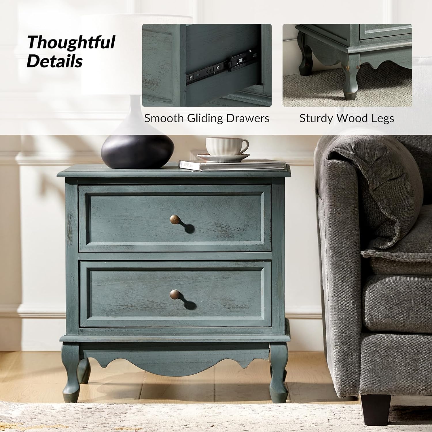 HULALA HOME Solid Wood End Tables Set of 2 with Charging Station Space, Vintage Endtables with Wood Legs and 2 Drawers, French Side Tables for Living Room, Blue