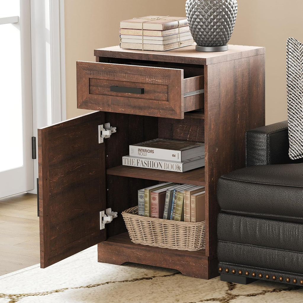 WAMPAT 2 Pack End Table with 1 Drawer & Barn Door, Farmhouse Sofa Side Table, Modern 31.9 inch Tall Nightstand Set of 2 with Adjustable Storage Shelf, Accent Cabinet for Living Room,Rustic Brown