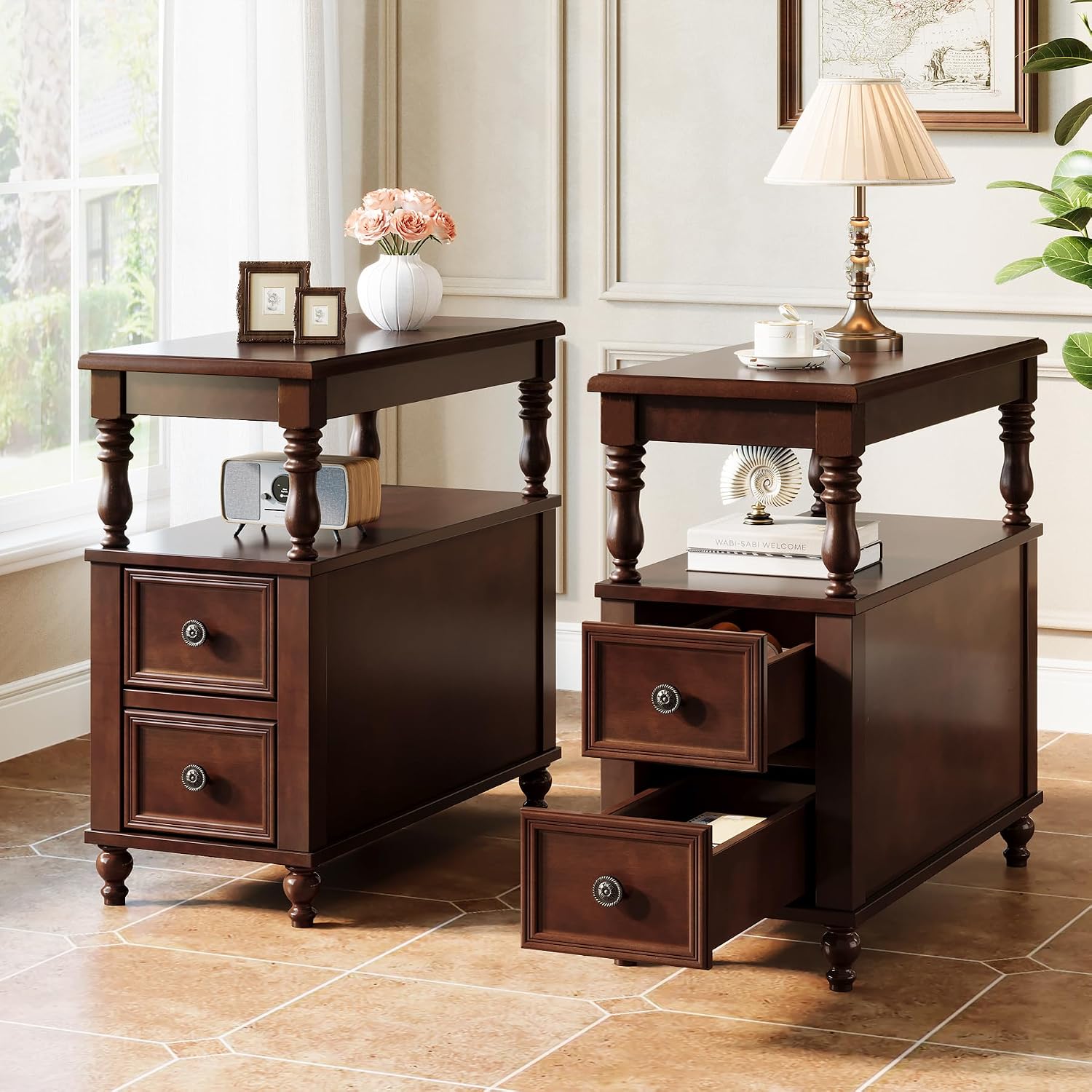Tribesigns Wood End Table with 2 Drawers, Mid-Century Wooden Slim Side Table Nightstands with Storage Shelf, Accent Table for Living Room, Easy to Assemble (2)