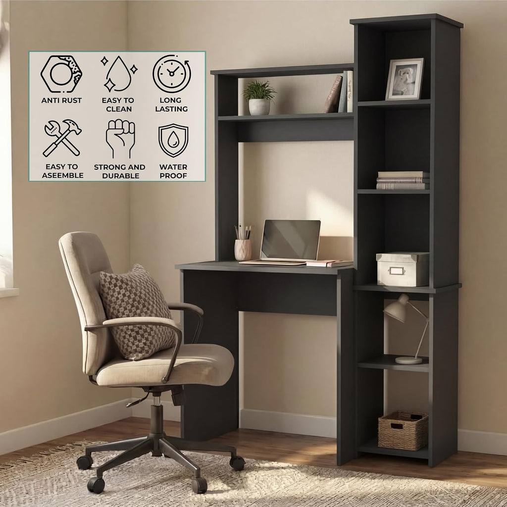 Tuhome Versalles Writing Desk with Two Superior Shelves, Five Side Open Storage Compartments, Space-Saving Modern Workstation Design for Studios and Offices, Ideal for Organization, Books