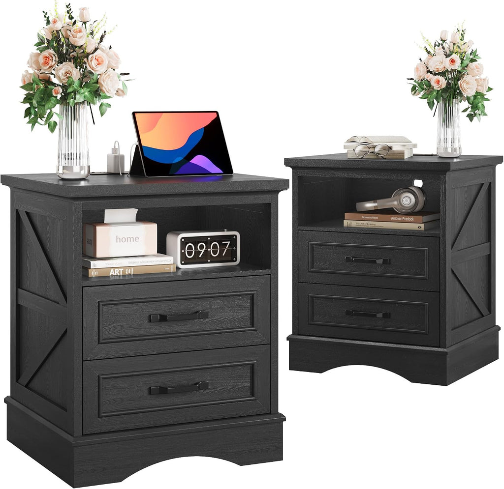 Fluest 24' Tall Farmhouse Nightstands Set of 2, Night Stands with Fast Charging Station, Beside Tables with Drawers and Open Storage, Rustic End Tables for Bedroom, Antique Black