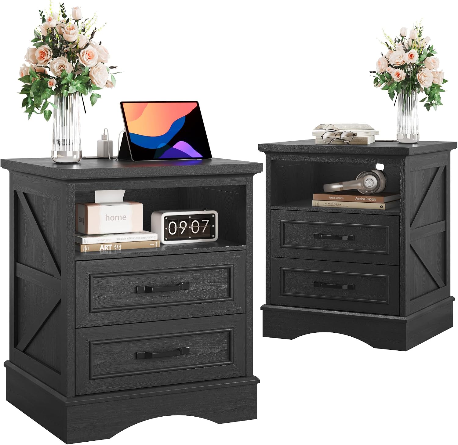Fluest 24' Tall Farmhouse Nightstands Set of 2, Night Stands with Fast Charging Station, Beside Tables with Drawers and Open Storage, Rustic End Tables for Bedroom, Antique Black