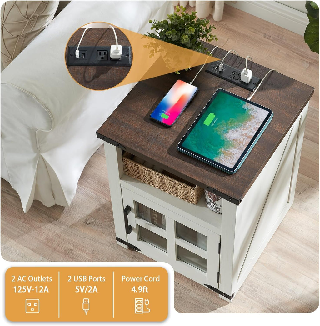 Barnyatoh Farmhouse Nightstand with Charging Station, Rustic End Table with Tempered Glass Barn Door, Wood Sofa Side Bedside Table with Open Storage Shelf for Living Room, Bedroom, White, 2 Pack
