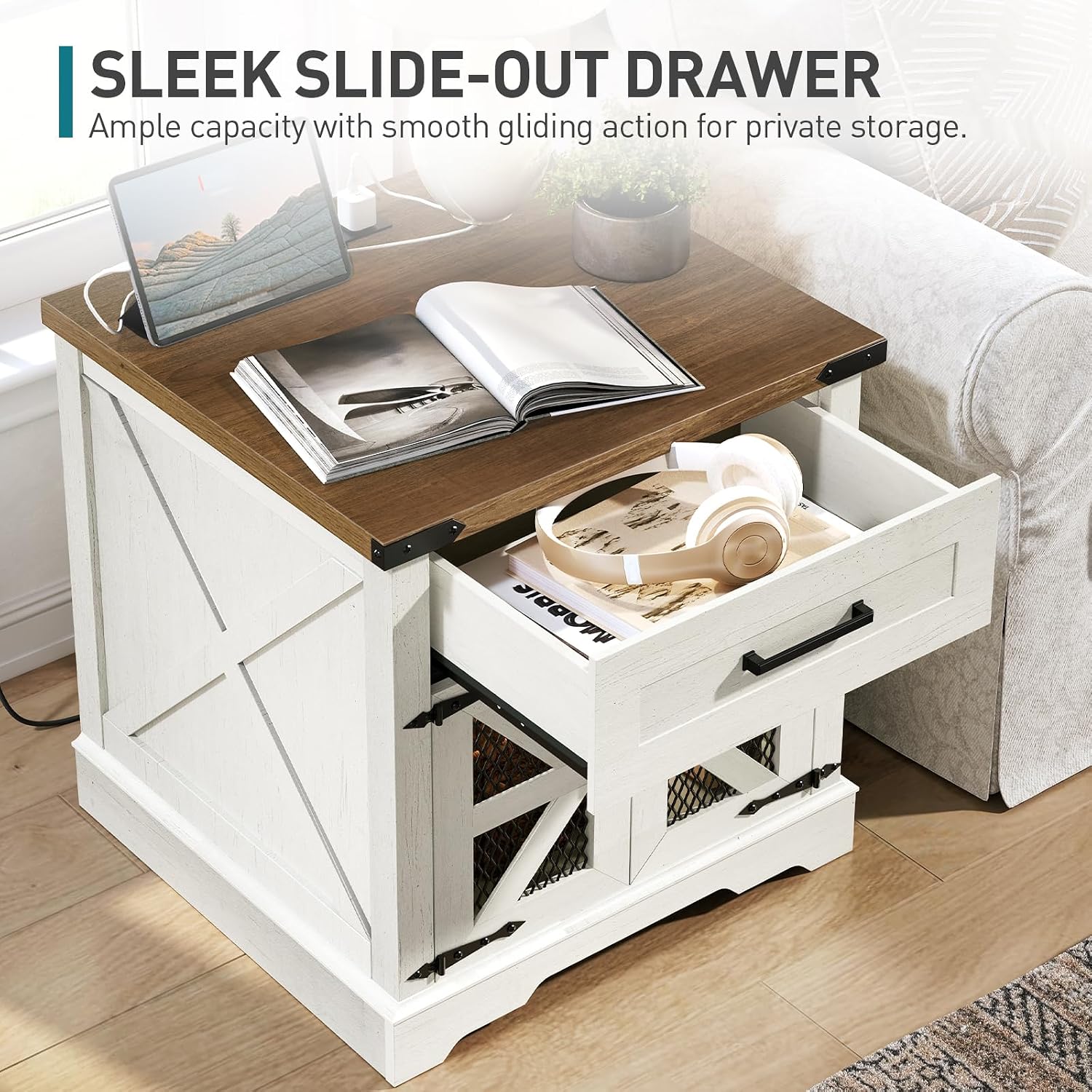RALGEND White Farmhouse End Table Set of 2, 24' Large Sofa Side Table with Drawer, Large End Table for Living Room, Wooden Nightstand with Charging Station, Square, White and Walnut
