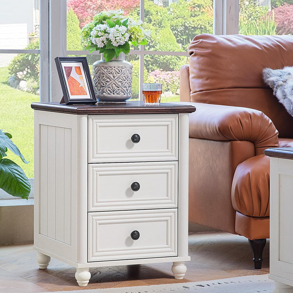 RWYHG 18' Farmhouse Night Stand Set of 2, White Wood Nightstand with 3 Drawers, Bedside End Table with Storage and Roman Column, Bed Side Tables Cabinet for Bedroom, Living Room, and Closet