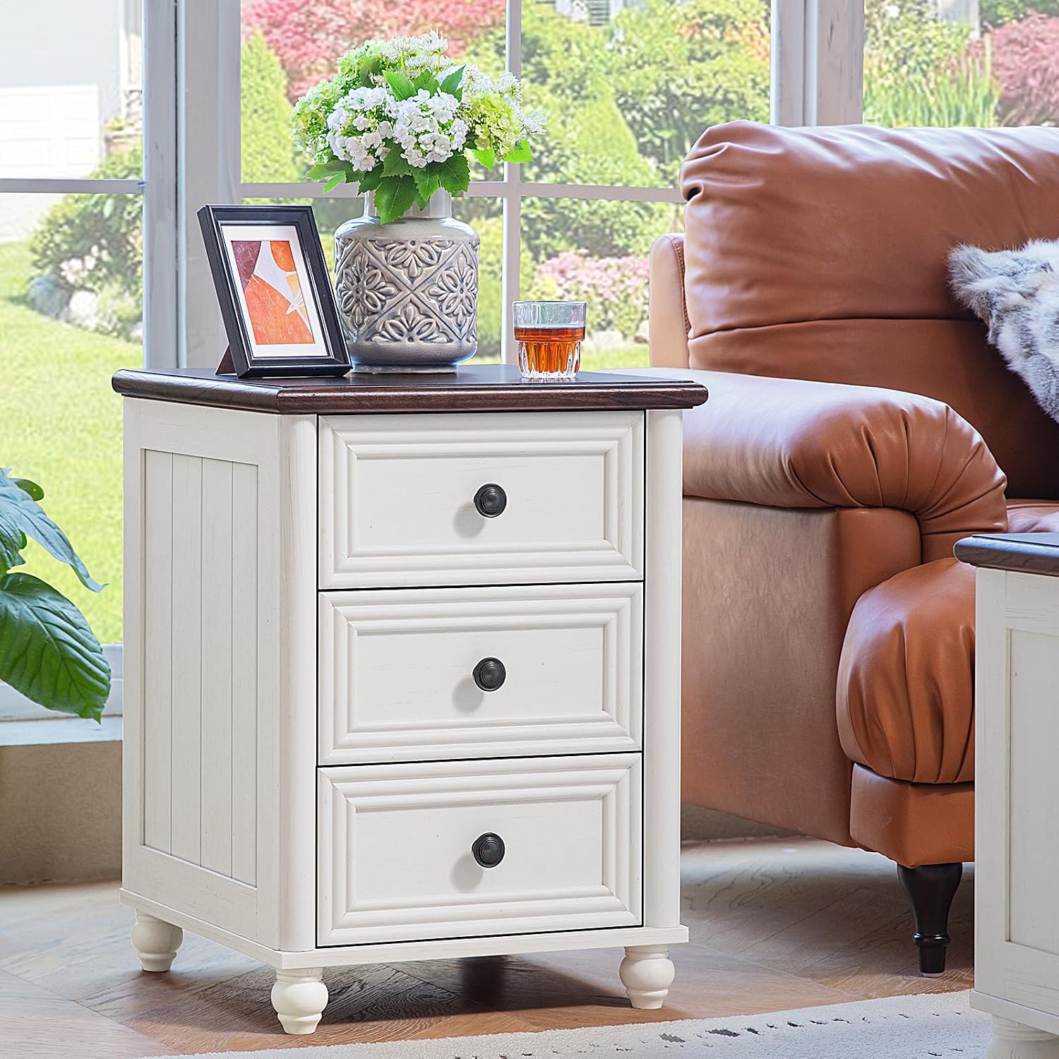 RWYHG 18' Farmhouse Night Stand Set of 2, White Wood Nightstand with 3 Drawers, Bedside End Table with Storage and Roman Column, Bed Side Tables Cabinet for Bedroom, Living Room, and Closet