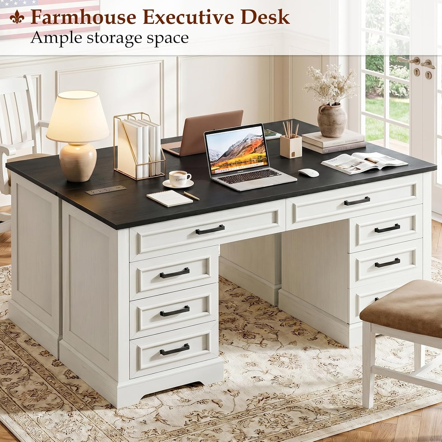 58' Executive Desk with 7 Drawers, Large Computer Desk with Charging Station , Wood Home Office Desk with File Drawer for Letter/A4 Size Hanging Files for Home Office,Rustic White and Rustic Black