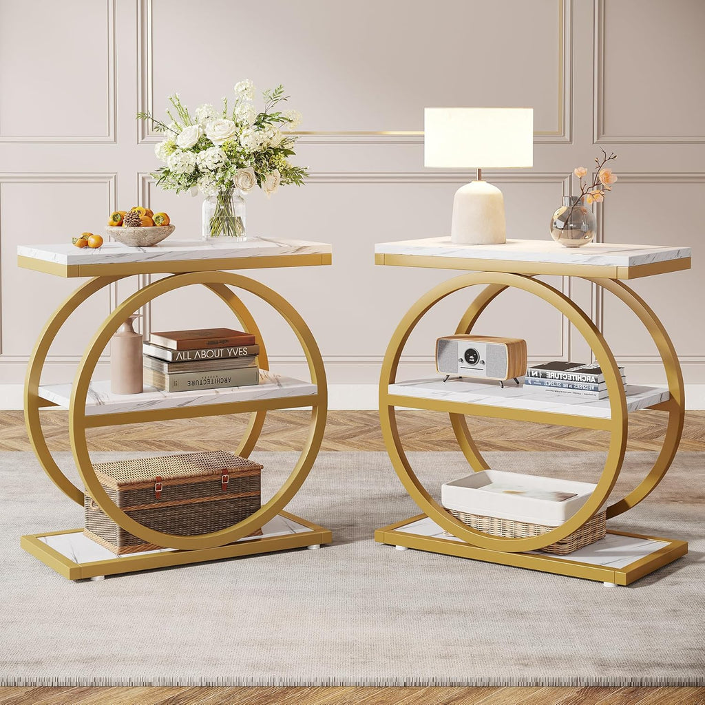 Tribesigns End Table with Storage Shelves Pack of 2, 3-Tier Wooden Industrial Sofa Side Table with Black Metal Frames for Living Room, Slim Nightstand and Bedside Table for Bedroom, White & Gold