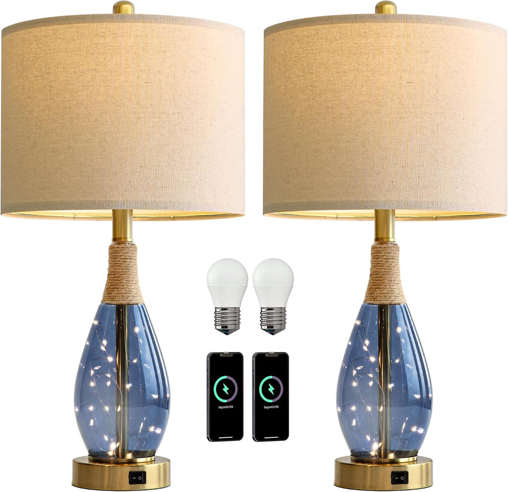 OYEARS 23' Table Lamps for Living Room Set of 2 Bedside Lamps for Night Stands Bedroom Lamps Farmhouse Rattan Boho Lamp Glass Nightlight End Table Lamp with USB C+A (Blue),Two Light Points