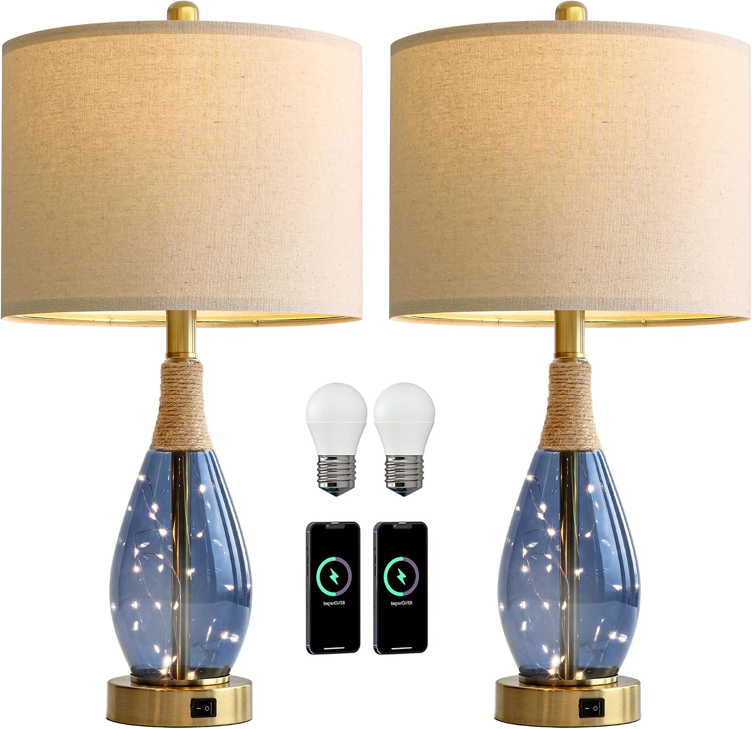 OYEARS 23' Table Lamps for Living Room Set of 2 Bedside Lamps for Night Stands Bedroom Lamps Farmhouse Rattan Boho Lamp Glass Nightlight End Table Lamp with USB C+A (Blue),Two Light Points