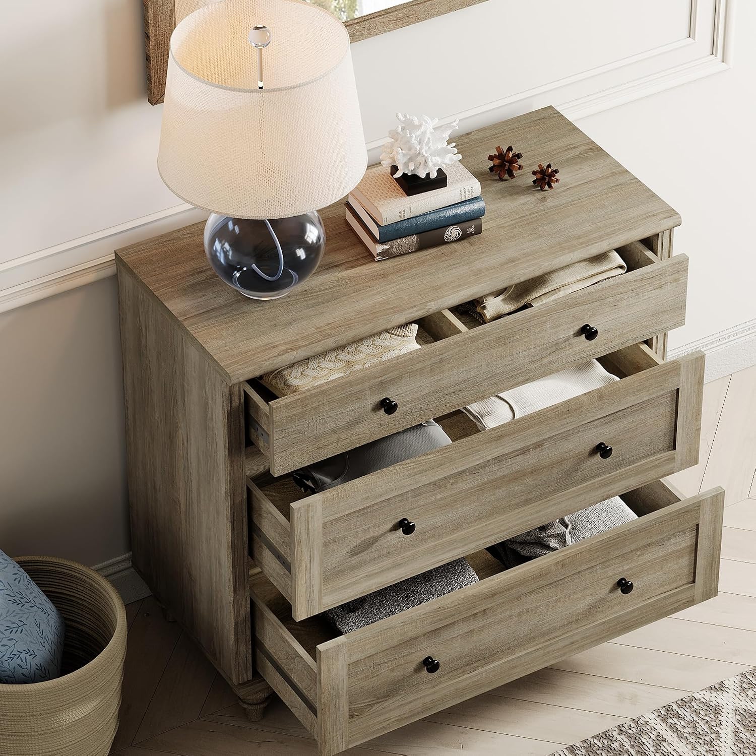 WAMPAT Farmhouse Nightstand with 3 Drawers, Set of 2 Large 3 Drawers Wood Bedside Table Night Stand, Wide Sofa Side End Table Chest of Dresser for Living Room, Bedroom, Wash Grey, 34 inch