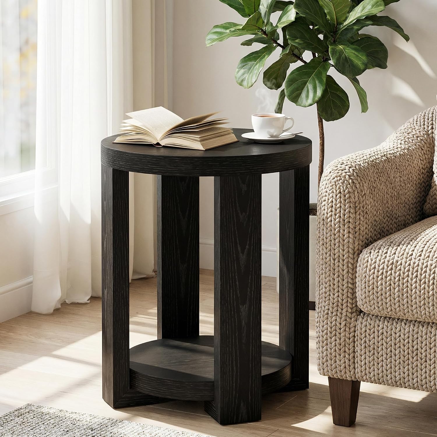 Tribesigns Round Side Table, 2-Tier End Table for Living Room & Bedroom, Small Accent Table with Storage Shelf (2, Black)