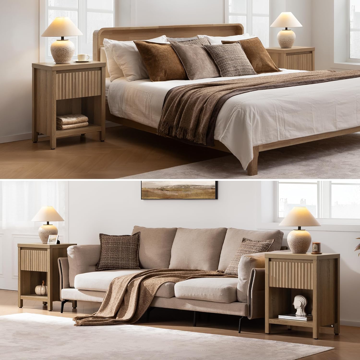 SICOTAS Fluted Night Stand Set of 2, Farmhouse Nightstands with Drawer, Boho Bedside Table with Storage Shelf, Large End Tables Bed Side Tables for Bedroom, Caramel Oak