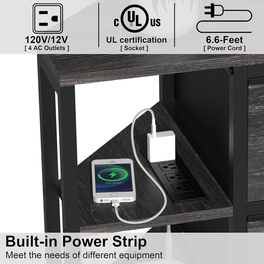 EXOTICA Corner TV Stand for 55 inch TV with Drawer and Charge Station Black Corner Entertainment Center for Living Room Modern Corner Console Table with 4 Open Storage Shelves Metal Frame