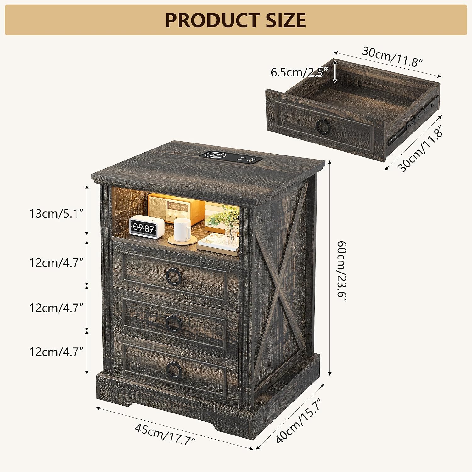 Nightstand Set 2 with Charging Station, Farmhouse End Side Table with 3 Drawers and Open Storage, Smart Bedside Table with LED Light & Human Sensor for Bedroom,Brown,Chest