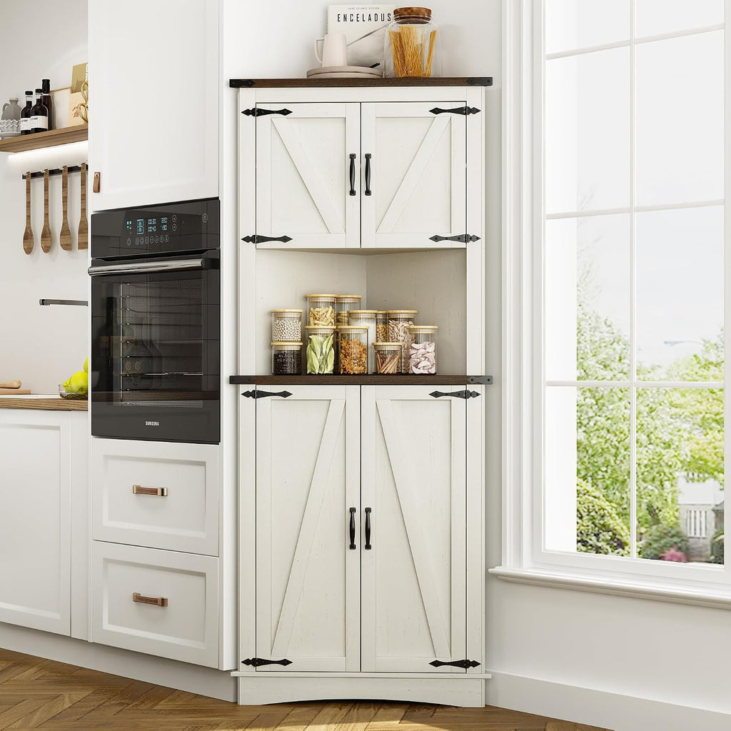 chartustriable 68' Tall Farmhouse Corner Cabinet, 28.3' Corner Storage Cabinet with 4 Doors and Adjustable Shelves, Tall Barn Door Cabinets with 5 Storage Shelves, for Kitchen, Bathroom, Antique White