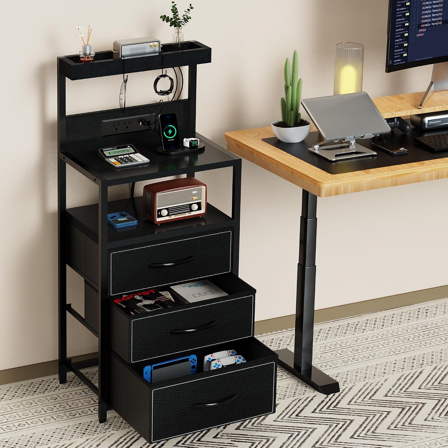 SZLHANJZ Night Stand Set 2 with LED Lights, Bedroom Nightstands with Power Outlet and Type C Port, Bed End Tables with 3 Fabric Drawers, Matching Bedside Tables with Hooks and Shelves, Black