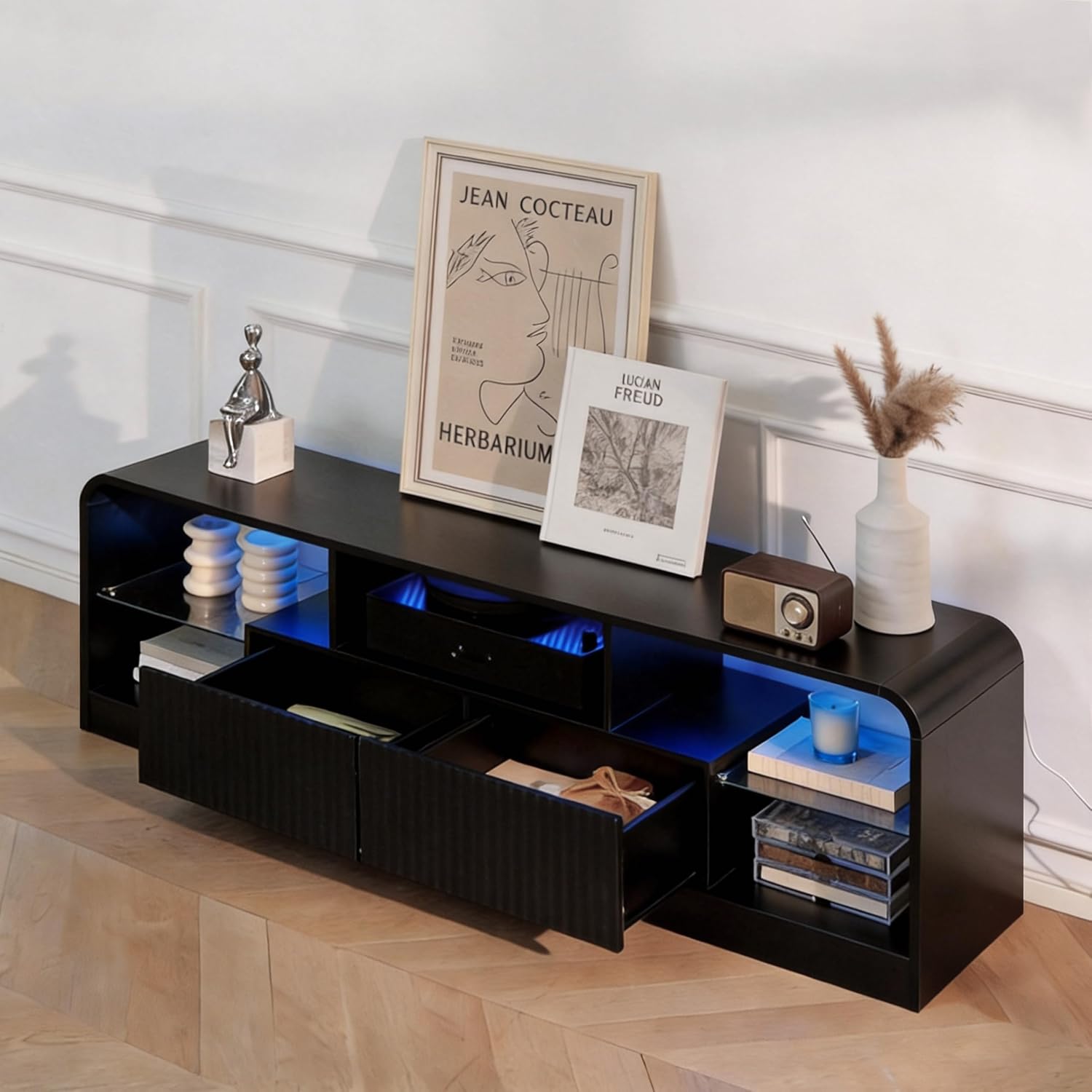 Wodeer Mid Century Modern TV Stand for 55 60 65 70 75 Inch TVs, Fluted TV Stands for Living Room with LED Lights, 63'' Entertainment Center with 2 Large Drawers & Glass Shelves, Black