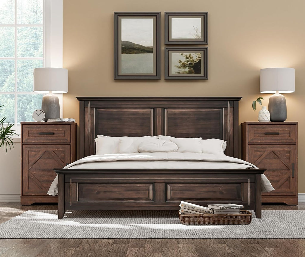 WAMPAT 2 Pack End Table with 1 Drawer & Barn Door, Farmhouse Sofa Side Table, Modern 31.9 inch Tall Nightstand Set of 2 with Adjustable Storage Shelf, Accent Cabinet for Living Room,Rustic Brown