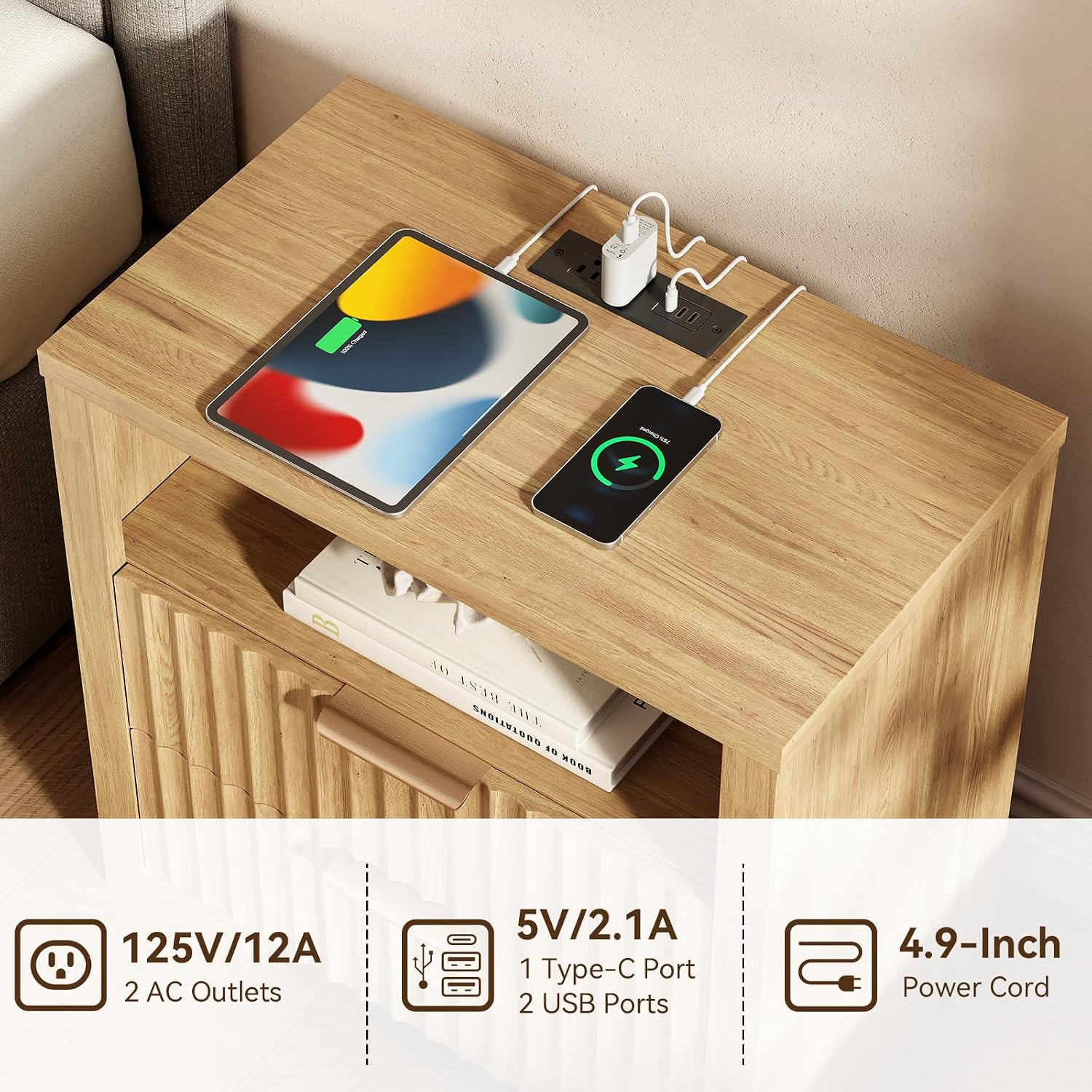 24' Fluted Night Stand Set of 2 with Charging Station, Wood Bedside Table with 2 Drawers and Open Shelf, Modern nightstand for Bedroom, Office, Natural Oak