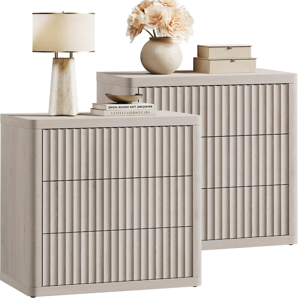 SICOTAS Night Stand Set 2 - Oversized Extra Large Bedside Table Modern Side Table with Storage Fluted 3 Drawer Nightstand 27.5' W End Tables Dorm Room Nightstands for Bedroom Sofa Couch Home Office