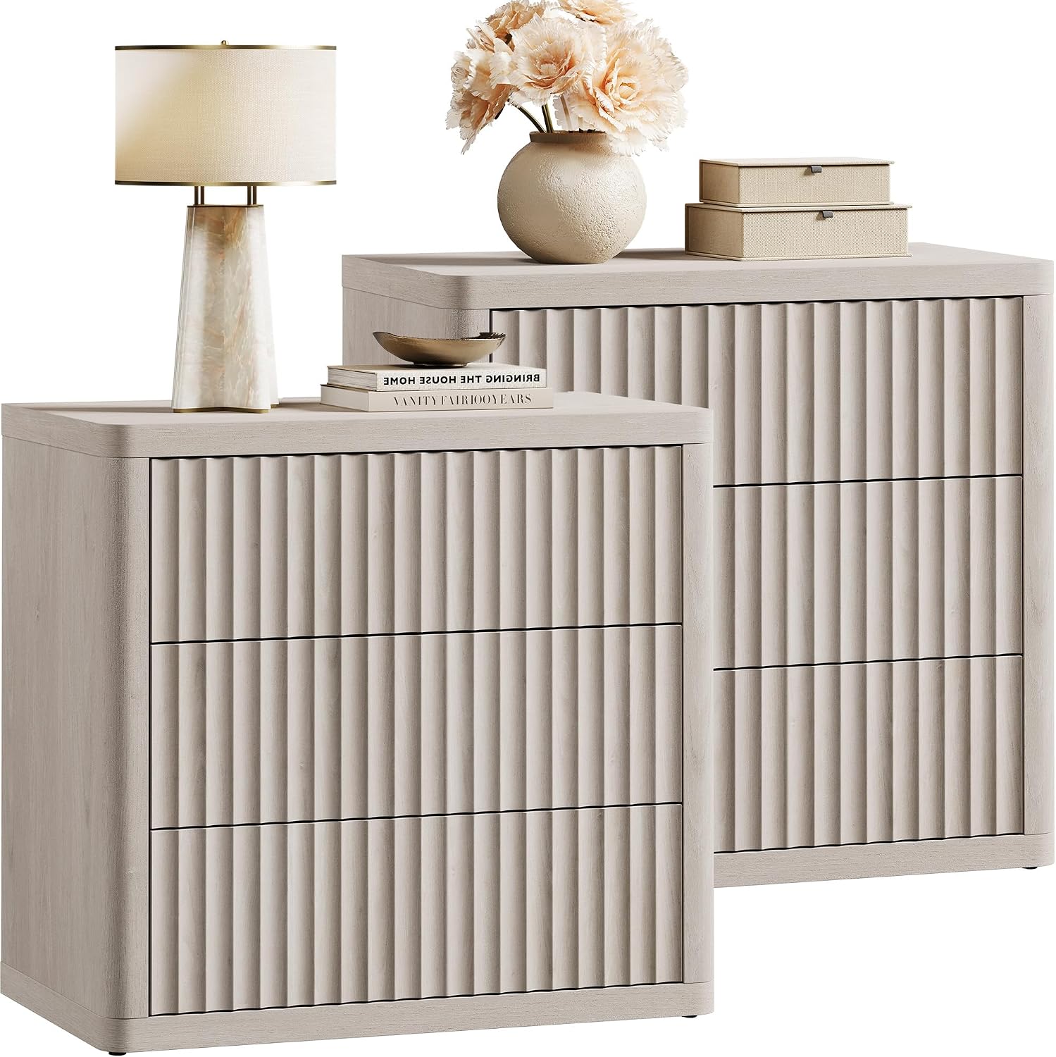 SICOTAS Night Stand Set 2 - Oversized Extra Large Bedside Table Modern Side Table with Storage Fluted 3 Drawer Nightstand 27.5' W End Tables Dorm Room Nightstands for Bedroom Sofa Couch Home Office
