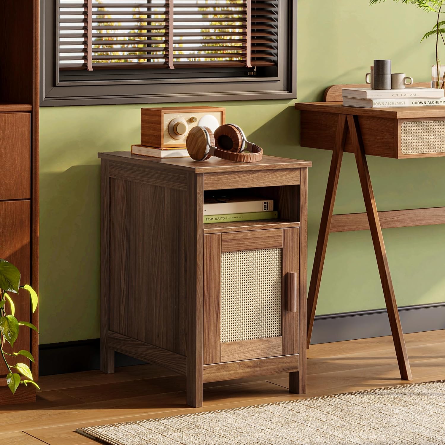 Huuger Narrow Night Stand Set of 2, End Table with Charging Station, USB-C Port, Rattan Side Table with Cabinet and Open Shelf, Synthetic Rattan, for Small Spaces, Bedroom, Walnut