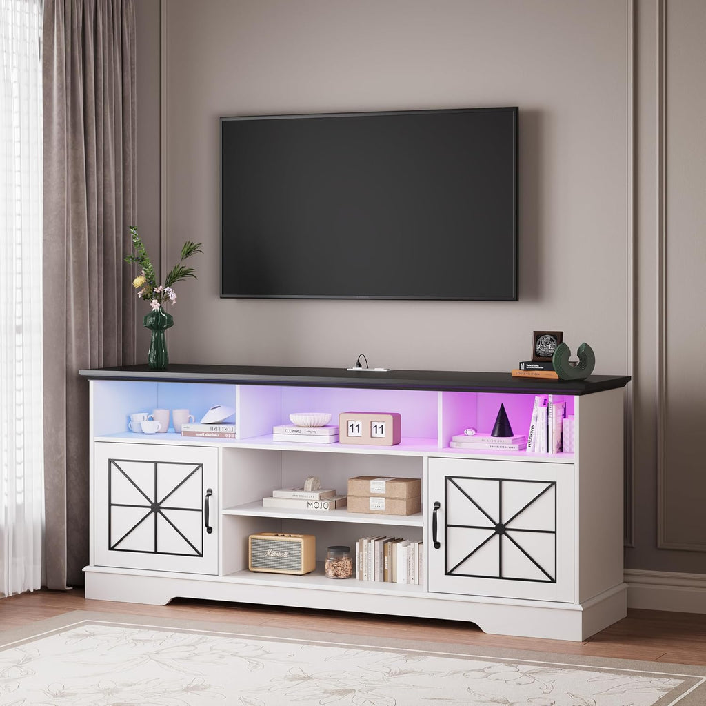 Wodeer White TV Stand for TVs up to 65 Inches, 59'' Farmhouse Entertainment Center with Storage Cabinet, Adjustable Shelf and Power Outlet, LED TV Stands for Living Room, Bedroom