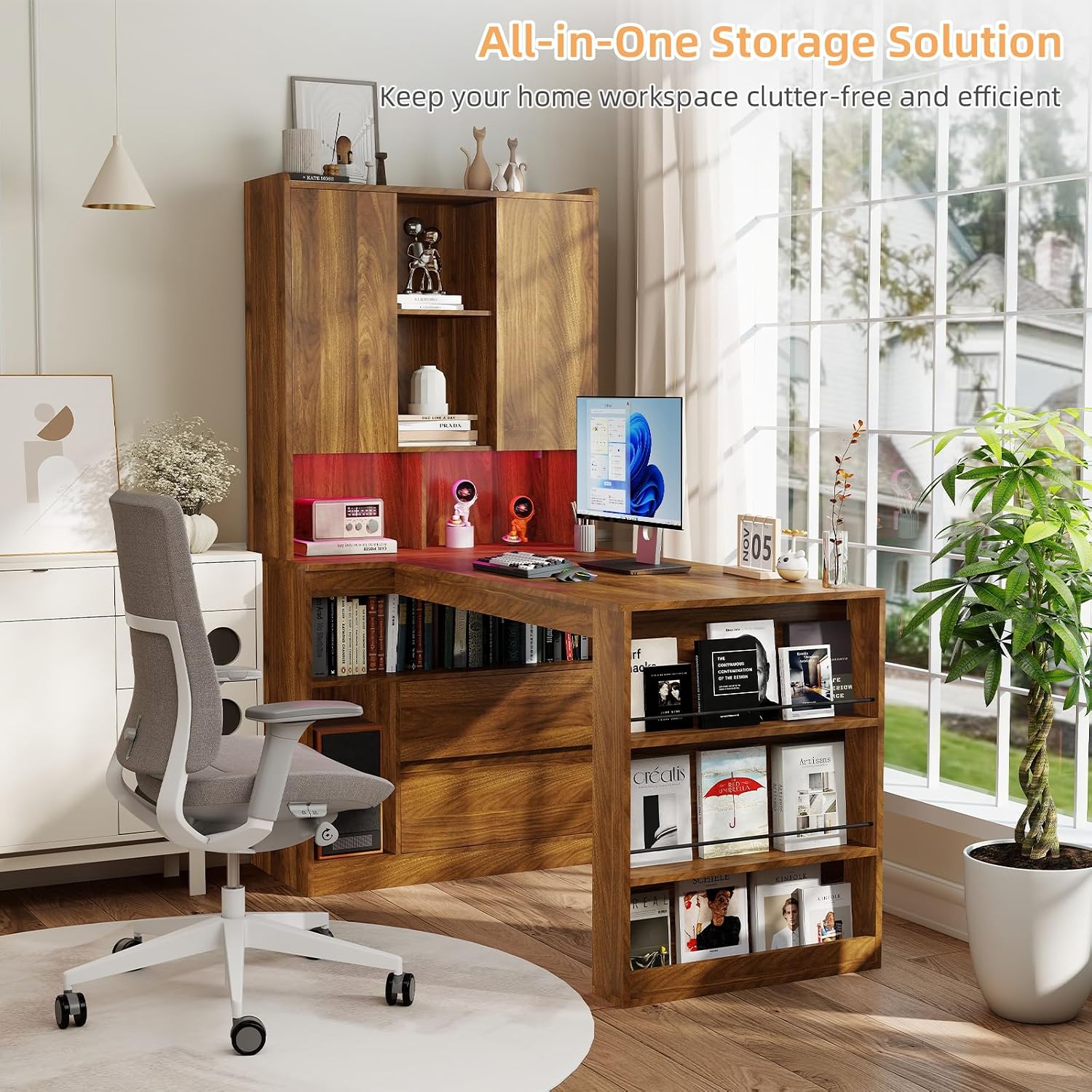 Zevemomo L Shaped Desk with Hutch and 2 Drawers, Computer Desk with USB Ports, Power Outlets & LED Light, Wood Corner Computer Desk with Storage Shelves for Home Office, Brown