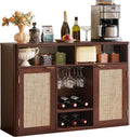 Lerliuo Rattan Wine Cabinet with 2 Doors, Boho Liquor Cabinet with Wine Racks, Farmhouse Coffee Bar Station for Living Room, Dining Room, Kitchen, Walnut
