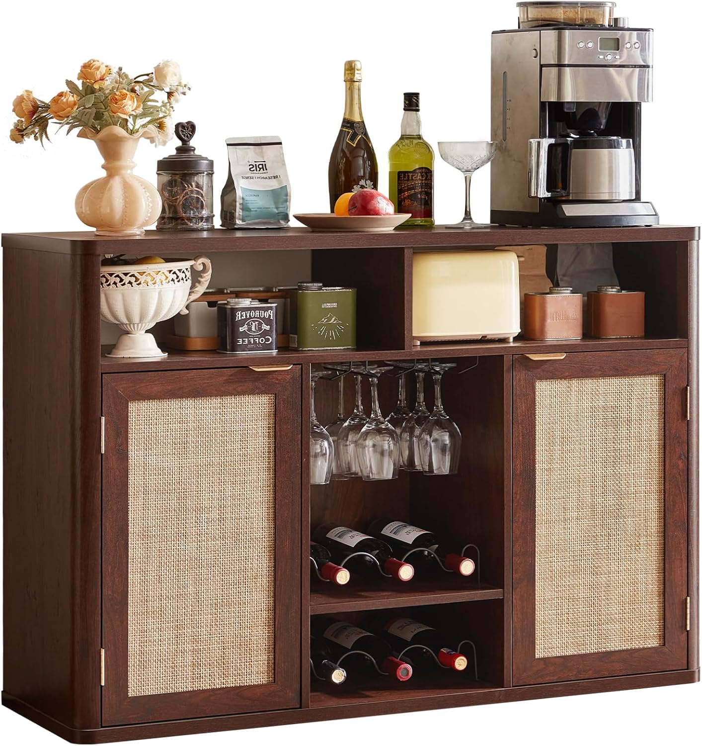 Lerliuo Rattan Wine Cabinet with 2 Doors, Boho Liquor Cabinet with Wine Racks, Farmhouse Coffee Bar Station for Living Room, Dining Room, Kitchen, Walnut