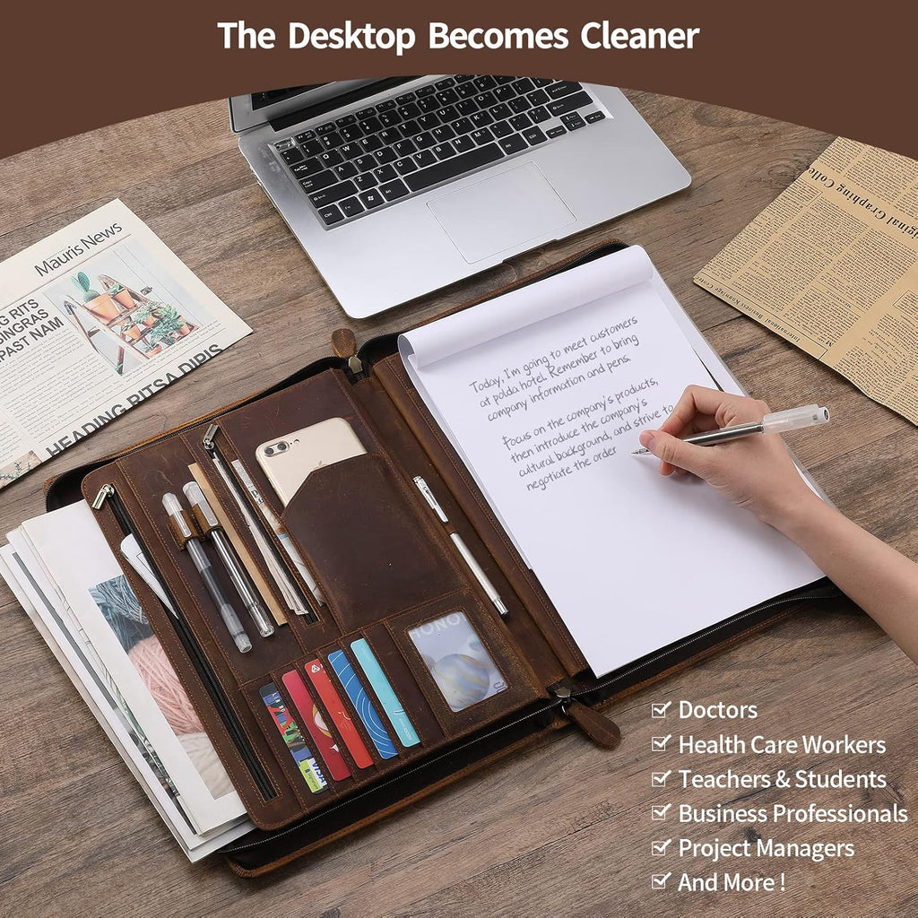Ringsun Genuine Leather Portfolio Organizer for Men Women with Handle, Full Grain Leather Padfolio Folder with Zipper Business Resume Portfolio for 12.9' iPad, Brown, RS118
