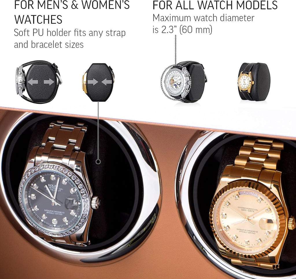 Watch Winder for 2 Watches with LED Backlight, LCD Display and Motor-Stop Option