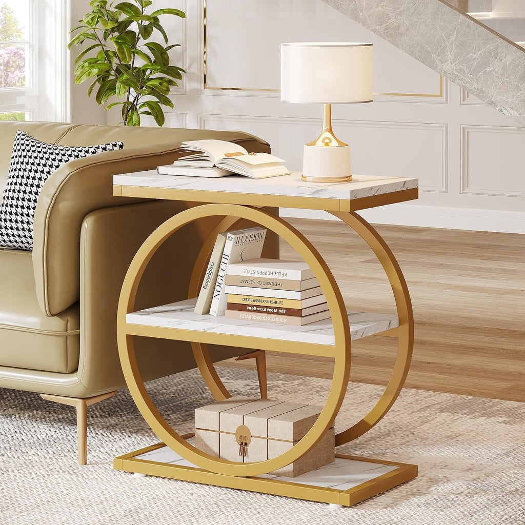 Tribesigns End Table with Storage Shelves Pack of 2, 3-Tier Wooden Industrial Sofa Side Table with Black Metal Frames for Living Room, Slim Nightstand and Bedside Table for Bedroom, White & Gold