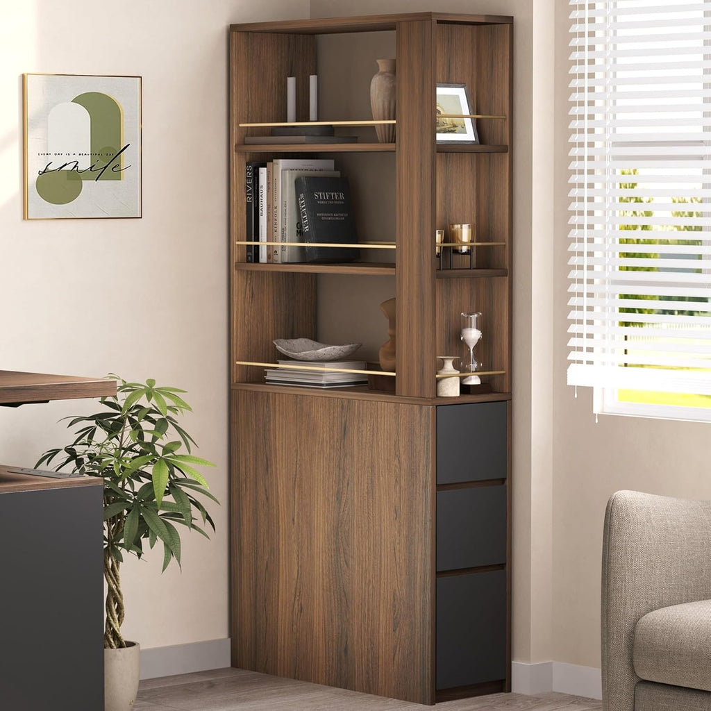 ModernMate 71' Tall Corner Bookshelf with 3 Drawers, Narrow Bookcase | 3-Tier Double-Sided Slim Bookcase for Small Space, Display Storage Shelves for Living Room, Home Office, Study, Black Walnut