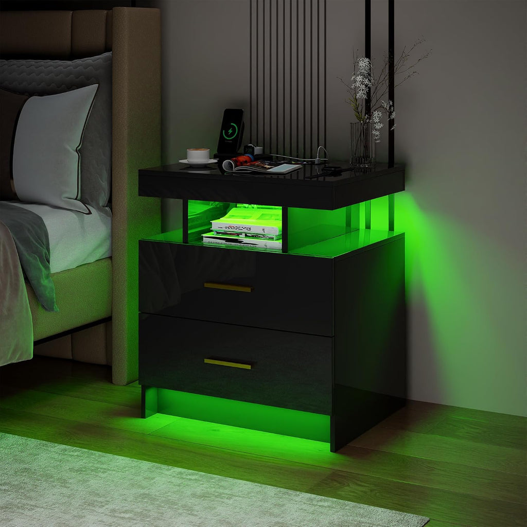 Smart Night Stand with Charging Station, Modern Black Nightstand with 24 Color Lights and 2 Drawers, LED Bedside Tables with Auto Senor,High Gloss End Side Table for Bedroom