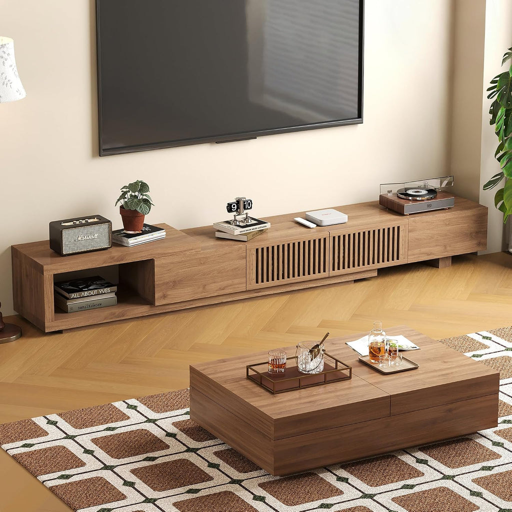 Mid-Century Modern Expandable Coffee Table & TV Stand Set, Walnut Finish – Elegant Storage Combo for Living Room, Bedroom, or Lounge (78.54' to 103' TV Stand+Coffee Table)