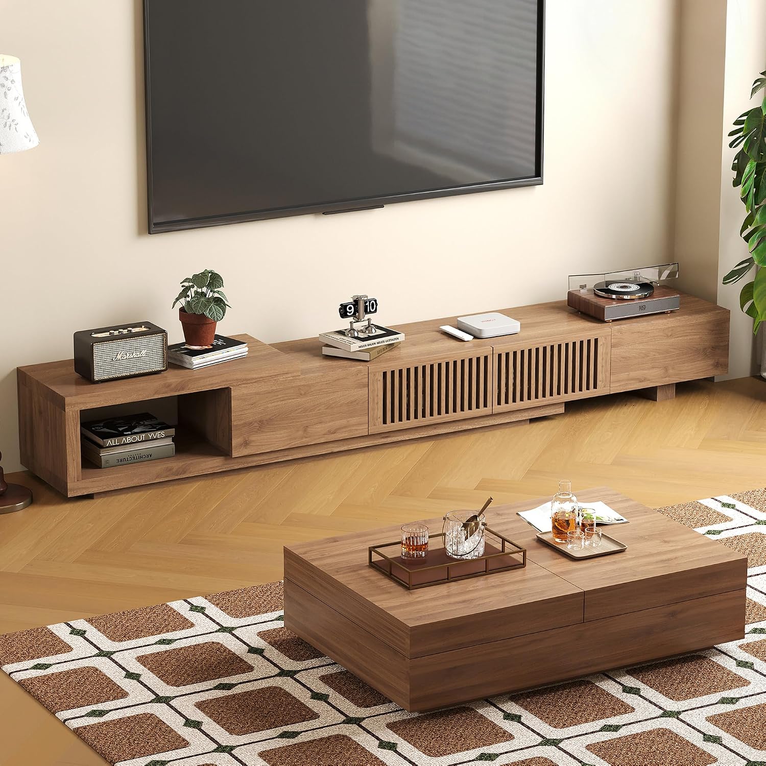 Mid-Century Modern Expandable Coffee Table & TV Stand Set, Walnut Finish – Elegant Storage Combo for Living Room, Bedroom, or Lounge (78.54' to 103' TV Stand+Coffee Table)