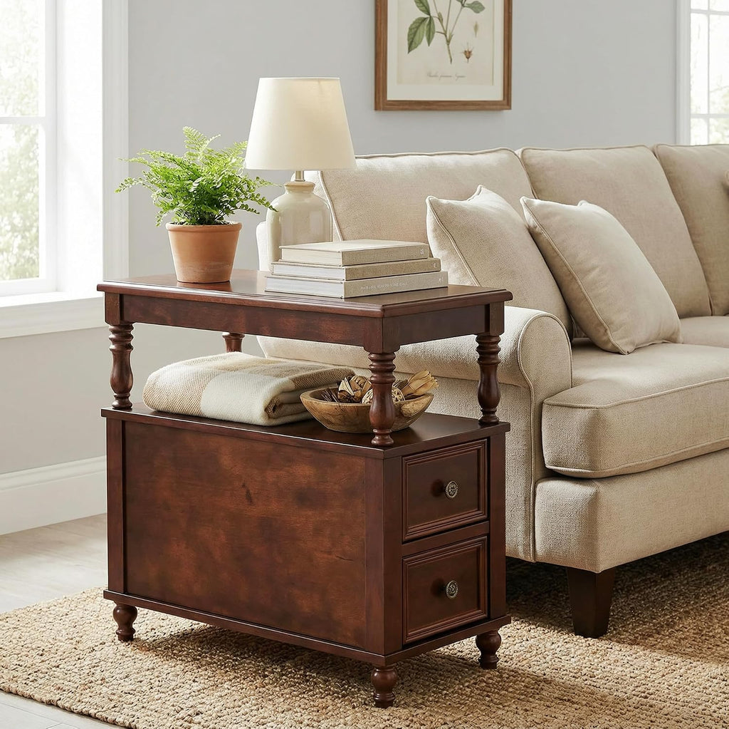 Tribesigns Wood End Table with 2 Drawers, Mid-Century Wooden Slim Side Table Nightstands with Storage Shelf, Accent Table for Living Room, Easy to Assemble (2)