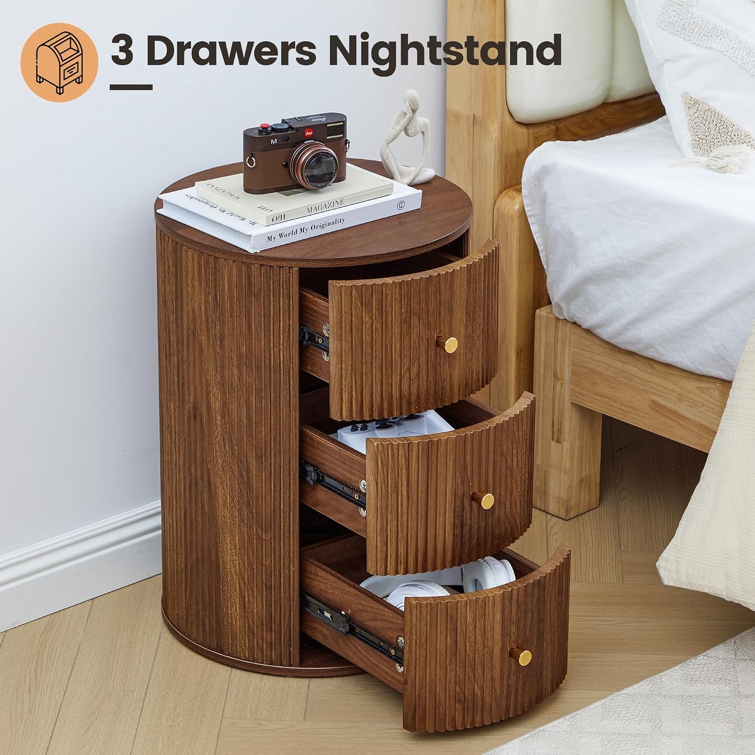 FurSch Fully Assembled Round End Table, Fluted Mid Century Side Table with 3 Storage Drawers for Living Room, Bedroom, Couch (Walnut-1 pc)